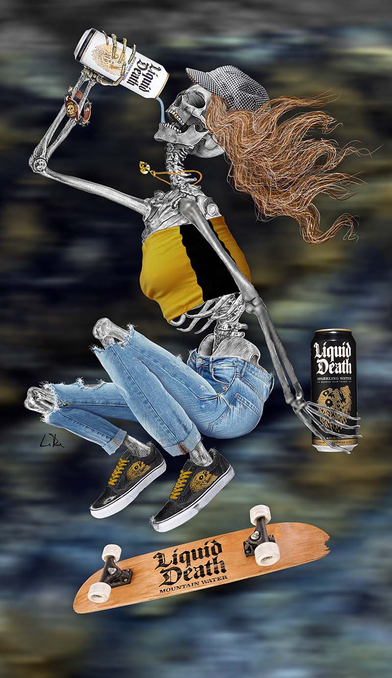 Liquid Death Kick Flip Art By Doug LaRue